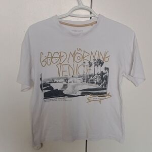 Denim & Flower White Tee with Gold and Black Graphic